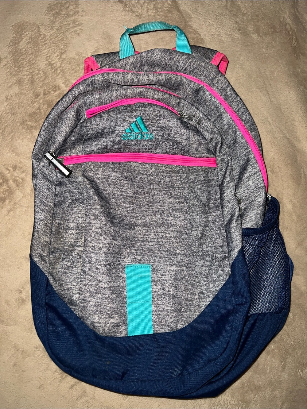 Adidas Gray School Backpack with Pink Zippers & Teal & Blue Accents
